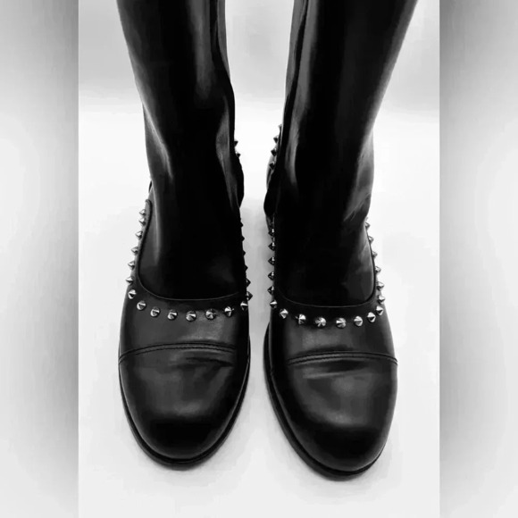 ALEXANDER McQUEEN Black Leather Metal Stud Detail Round-Toe Knee Boots 38 New* - Picture 4 of 16